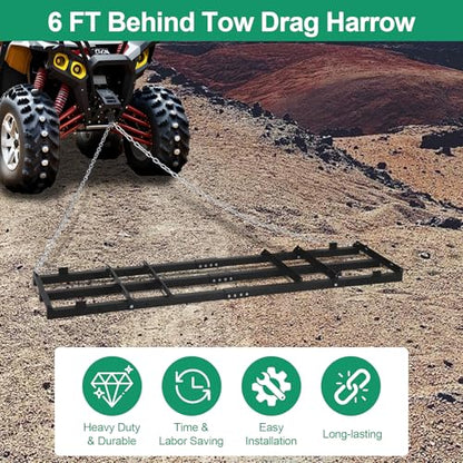 6 FT Drag Harrow Driveway Grader with 5 FT Chain | Tow Behind Lawn Rake for ATV, UTV, Tractor, Mower, Land Leveler for Gravel, Sand, Soil, Hay - size: 6 FT