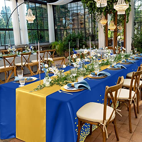 Breling 8 Pack Navy Blue and Gold Disposable Plastic Tablecloths and Satin Table Runner Set, 54 x 108 Inch Tablecloth, 12 x 108 Inch Table Runners for Wedding Graduation Birthday Baby Shower New Year - color: Navy Blue and Gold