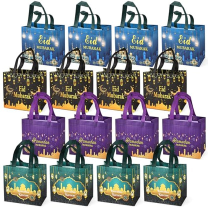 Aviski 16PCS Eid Mubarak Reusable Gift Bags, Treat Bags with Handles, Ramadan Mubarak Party Bags, Multifunctional Non-Woven Eid Bags for Gifts Wrapping, Ramadan Kareem Party Supplies, 23×22×11cm