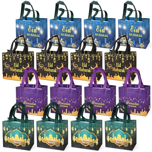 Aviski 16PCS Eid Mubarak Reusable Gift Bags, Treat Bags with Handles, Ramadan Mubarak Party Bags, Multifunctional Non-Woven Eid Bags for Gifts Wrapping, Ramadan Kareem Party Supplies, 23×22×11cm