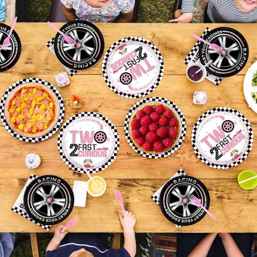 Grencian 96Pcs Two Fast Birthday Party Supplies Pink Race Car 2nd Party Plates and Napkins Checkered Flag Tableware for Kids Girls Racing Car 2 Year Old Birthday Decorations Serves 24 - style: Pink Racing Car 2nd Birthday