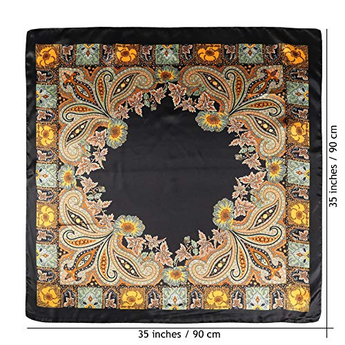 AWAYTR 35” Large Satin Square Head Scarf - 2Pcs Silk Like Floral Head Scarves Square Satin Hair Scarf Bandanas for Women - color: Cashew(black/Beige)