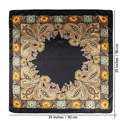 AWAYTR 35” Large Satin Square Head Scarf - 2Pcs Silk Like Floral Head Scarves Square Satin Hair Scarf Bandanas for Women - color: Cashew(black/Beige)