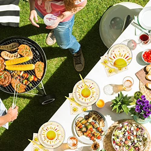 96 Pieces First Trip Around The Sun Decorations Sunshine Birthday Party Plates Boho Sun Disposable Plates Napkins Folks Paper Tableware Set for 1st Trip Around The Sun Birthday Girls Boys Supplies - style: Boho Sun