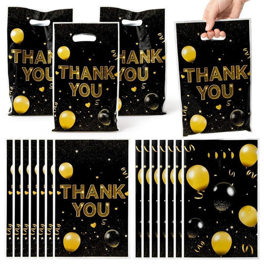 ANGOLIO Birthday Treat Party Bags - 50Pcs Black and Gold Party Favors Bags Print Easter Black Gold Balloon with Handles Plastic Gifts Bags Thank You Birthday Snack Bags Happy Party Favor Supplies - color: Black Gold