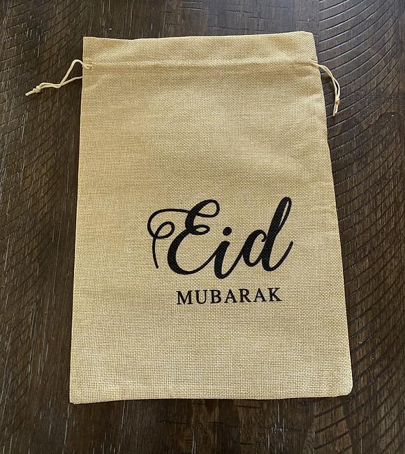 Islamic Holiday Decor 8 Eid Mubarak Favor Bags - Burlap Treat Bag Calligraphy Design for Ramadan Eid Celebrations, Home Decoratives for Festival, Muslim New Year, Hajj, Dinner, Kitchenware - (13.5x10 Inches)