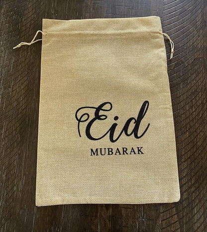 Islamic Holiday Decor 8 Eid Mubarak Favor Bags - Burlap Treat Bag Calligraphy Design for Ramadan Eid Celebrations, Home Decoratives for Festival, Muslim New Year, Hajj, Dinner, Kitchenware - (13.5x10 Inches)