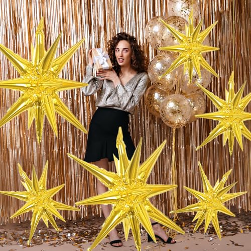 6 Pcs Gold Star Foil Balloons One-Piece 14-Pointed Star Balloon 4D Starburst Cone Mylar Balloon 22inch Christmas Birthday Wedding Wedding Anniversary Party Supplies (22&27 Inches Gold) - color: 22&27 Inches Gold