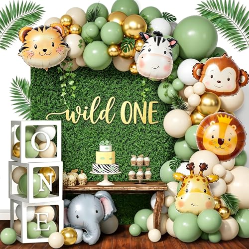 Wild One Birthday Decorations,112 Pcs First Birthday Decorations Party Supplies, Balloons Garland Arch Kit,1st Balloon Boxes with ONE Letters for Safari Jungle Theme Woodland Animals Boys Girls - color: Green Gold