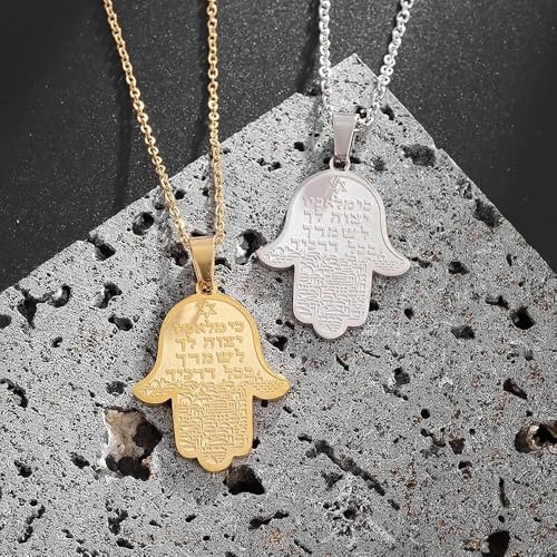 Jewish Hamsa Hand Hebrew Text Pendant Chain Necklace for Women | Hamsa hand engraved with hebrew text & star of david, symbolizes protection, ideal birthday holiday gift jewelry for women - color: golden