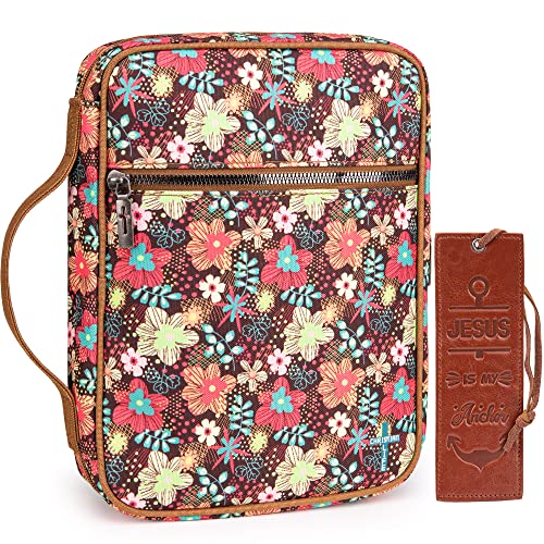 Montana West Bible Cover for Women Men with Leather Bookmark Book Carrying Cases Church Bag for Outdoor Protective - color: Flower Brown