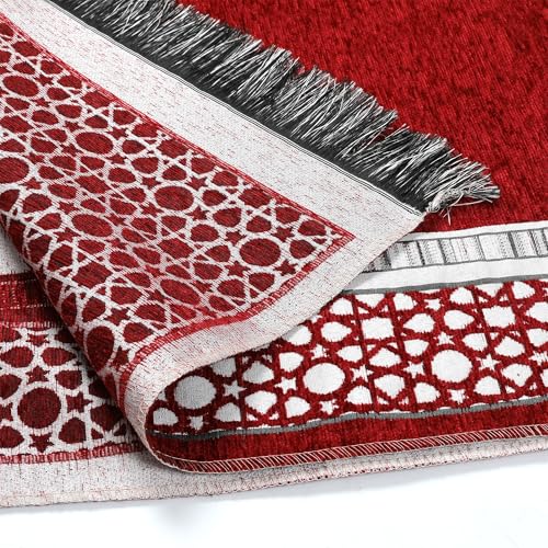 Islamic Prayer Rug Elegant Masjid Pattern Thin Mat Muslim Portable Blanket with Beads Ramadan Eid Gift Rug Turkish Prayer Carpet - color: Setc Red