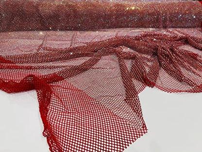 New Creations Fabric & Foam Inc, 45" Wide AB Iridescent Rhinestone On Soft Stretch Fish Net Fabric by The Yard (1 Yard, Iridescent Rhinestones on Red Mesh) - color: Iridescent Rhinestones on Red Mesh