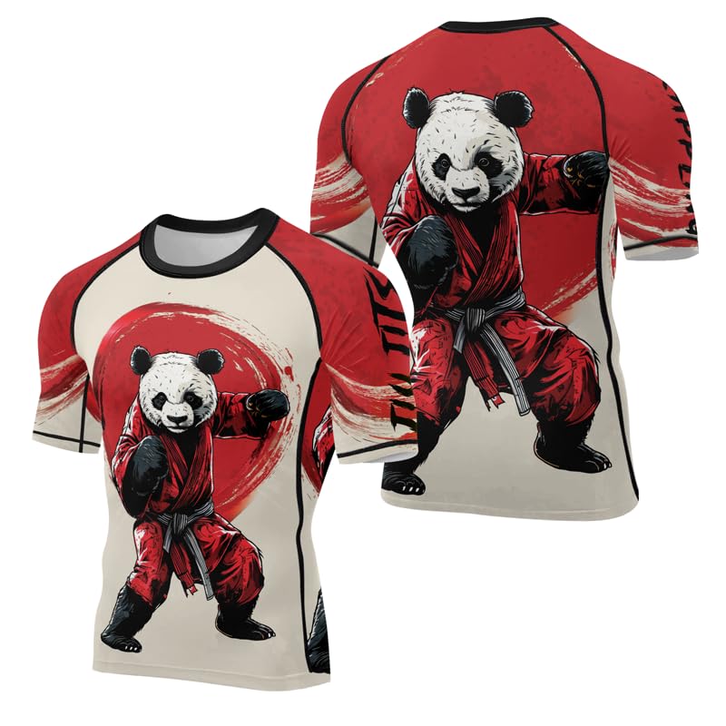 Panda Fighter Men's Short Sleeve Compression Rash Guard MMA Jiu Jitsu BJJ Grappling Base Layer Combat Shirt - color: V1, size: Small