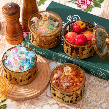 4 Pcs Ramadan Serving Trays with Lid Metal Gold Eid Mubarak Tray Decorations Ramadan Plate Food Storage Container for Serving Cookie Candy Pastry Dessert Eid Party(Classic) - style: Classic