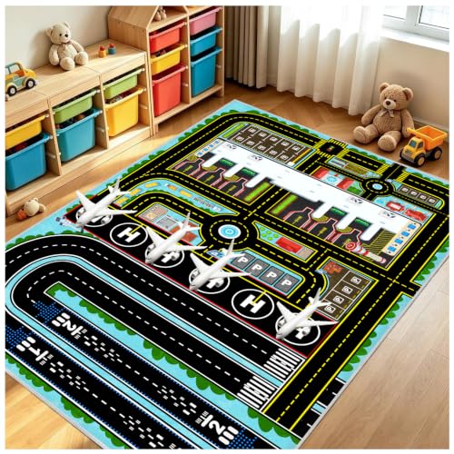 Kids Airport Rug for Boys Playroom Airplane Playmat for Play Toy, 63''x94'' Airport Parking Track Rug Carpet for Playroom Classroom Kids Room, Play Floor Mat Great Gift for Boy Girl. - color: Airport-blue, size: 5'3'' x 7'10'' (Rectangular)