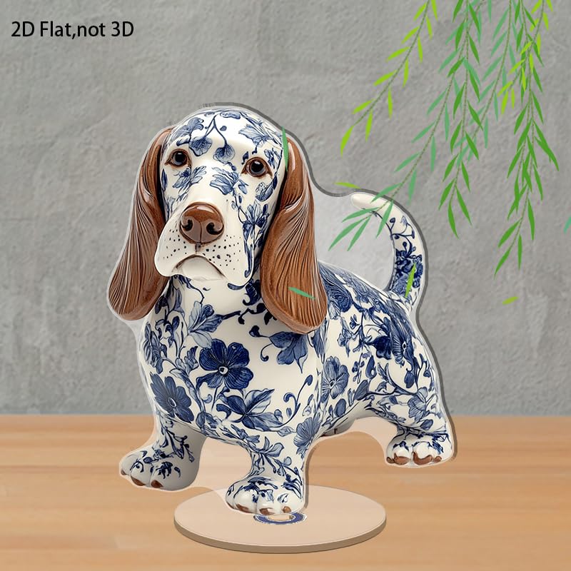 YLUYINOM 2D Flat Acrylic Display Plaque, Detailed Basset Hound Figurine with Blue Floral Patterns Featuring Realistic Facial Features and Glossy Finish. Rotatable, with Base - color: Picture 18
