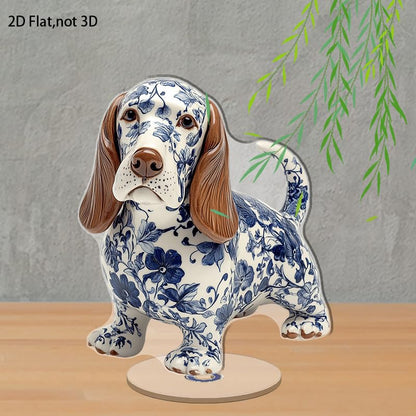 YLUYINOM 2D Flat Acrylic Display Plaque, Detailed Basset Hound Figurine with Blue Floral Patterns Featuring Realistic Facial Features and Glossy Finish. Rotatable, with Base - color: Picture 18
