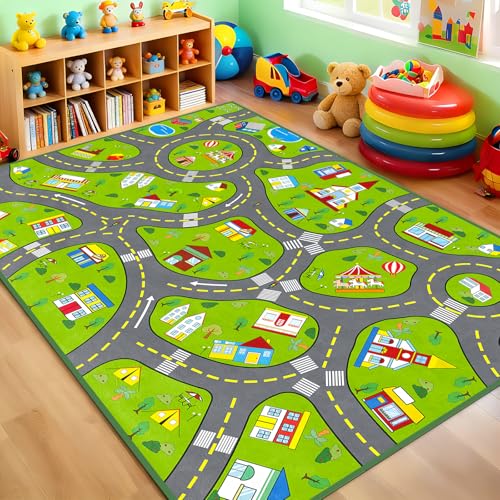 Car Rug 4.5 x 6 Feet, Kids Play Mat for Floor Green Educational Traffic Car Road Rug Carpet for Kids Room Preschool Bedroom Living Room Playroom - color: Multi 127 Green, size: 4'6" x 6' (Rectangular)