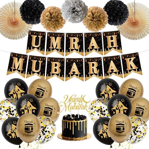 Umrah Mubarak Decorations Party Banner - Black Gold Mubarak Balloons Paper Pom Poms and Cake Topper, Hajj Mubarak Islamic Festival Decor Supplies