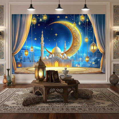 JAWO 7X5ft Ramadan Eid Mubarak Backdrop Banner, Ramadan Mubarak Photography Backdrop Night Lantern Moon Star Castle Islamic Muslim Eid Party Decoration Supplies Banner Photo Booth Prop