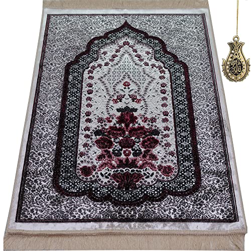 Modefa Turkish Islamic Velvet Prayer Rug - Prayer Mat Carpet for Men and Women - Traditional Muslim Janamaz Sajada - Ramadan or Eid Gift - with Car Hanger - Luxury Winter Rose (Black/Pink) - color: Black / Pink