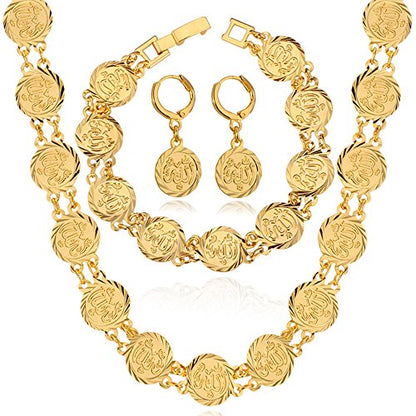 U7 Allah Necklace for Women/Men, 18K Gold Plated Square/Oval/Coin/Heart/Crescent Moon Islamic Pendant Necklace Muslim Jewelry with Chain - color: 06.Coin Necklace+Bracelet+Earrings Gold