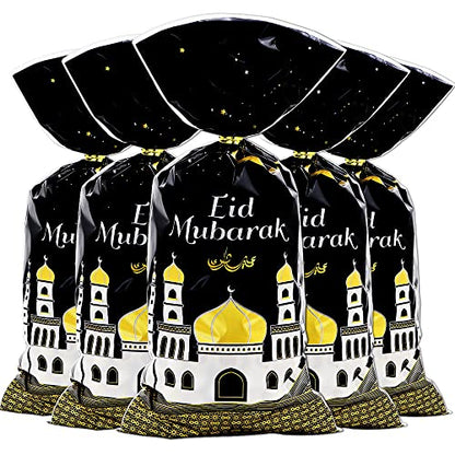 Eid Mubarak Goodie Bags, 100 Pieces Muslim Castle Moon Star Pattern Ramadan Treat Bags Cellophane Bags Goody Favor Bags with Gold Twist Ties for Muslim Islamic Eid Iftar Diwali Party Kids Gifts - - color: Black