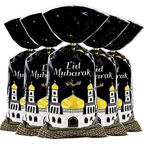 Eid Mubarak Goodie Bags, 100 Pieces Muslim Castle Moon Star Pattern Ramadan Treat Bags Cellophane Bags Goody Favor Bags with Gold Twist Ties for Muslim Islamic Eid Iftar Diwali Party Kids Gifts - - color: Black