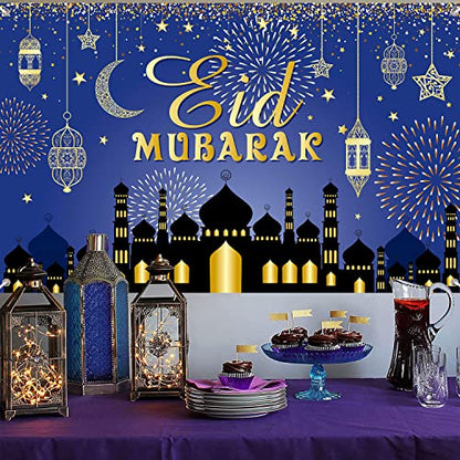 Large Eid Mubarak Party Decorations, Blue and Gold Ramadan Mubarak Backdrop Banner, Muslim Ramadan Banner Photo Booth Backdrop for Eid Mubarak Indoor and Outdoor Home Decor