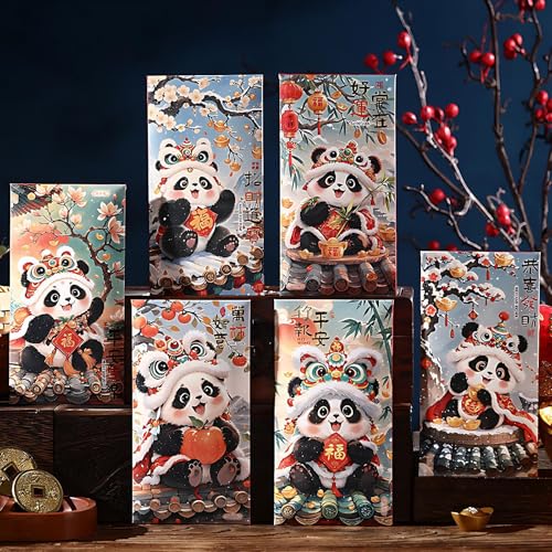 Chinese New Year Red Envelopes, 6 Pack Traditional Lunar New Year Money Packets, Hongbao for Spring Festival and Lantern Festival (Panda 1)