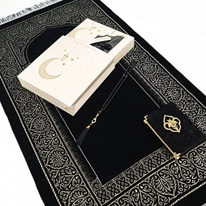 IEF Muslim Prayer Rug Islamic Prayer Mat Quran Prayer Beads Gift Set, Ramadan Eid Gifts, Birthday Gifts for Men, Fathers Day Gift, Velvet Prayer Rug Arabic Quran Pearl Tasbeeh - color: Black with Bag