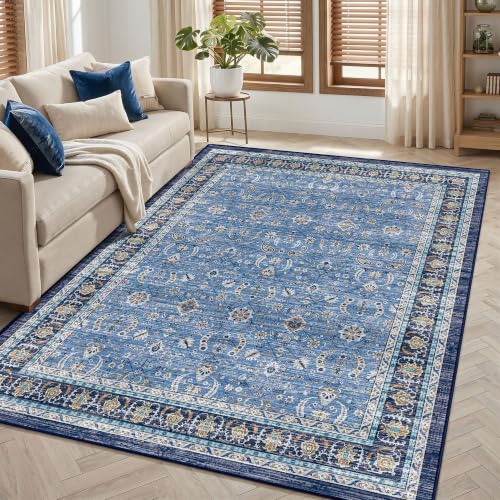Blue Farmhouse Area Rugs 5x7, Washable Upgraded Non-Slip Dark Boho Living Room Rug, Vintage Distressed Low Pile Print Pattern Carpet for Kitchen Bedroom Dining Room Home Office, Blue Multi - color: Blue Multi, size: 5' x 7' (Rectangular)