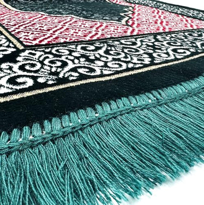 Velvet Islamic Prayer Rug Set (Thick Prayer Mat - 99 Tasbih Prayer Beads - Black Cotton Kufi Hat) Eid and Ramadan Gift for Muslims (Green) - color: Green
