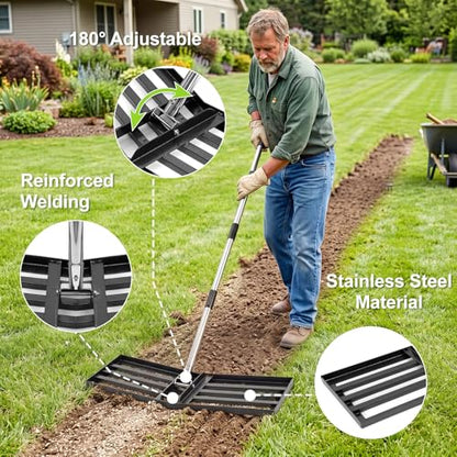 36" x 10" Lawn Leveling Rake, Angled Design Yard Leveler Rake | Stainless Steel Landscape Rake with 74" Adjustable Handle, Ground Leveler for Dirt, Farm, Sand, Soil, Pasture, Golf Course - size: 36 Inch