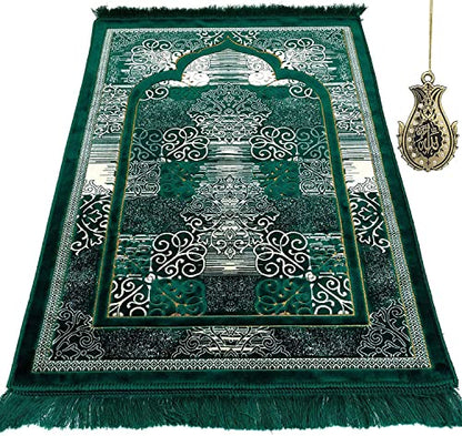 Modefa Prayer Mat | Turkish Velvet Muslim Prayer Rug Muslim Prayer Mat Islam | Soft Beautiful Prayer Rug Janamaz Sajjadah with Car Hanger | Classic Elegant Swirl (Green) - color: Green