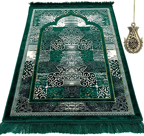 Modefa Prayer Mat | Turkish Velvet Muslim Prayer Rug Muslim Prayer Mat Islam | Soft Beautiful Prayer Rug Janamaz Sajjadah with Car Hanger | Classic Elegant Swirl (Green) - color: Green