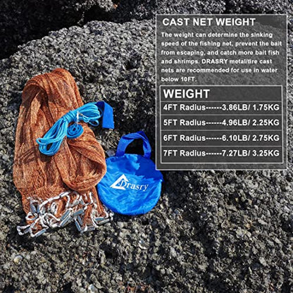 Saltwater American Fishing Cast Net 3/8inch Mesh Size for Bait Shrimp Trap Fish Heavy Duty Sinkers Throw Net 3FT/4FT/5FT/6FT/7FT/8FT/9FT/10FT Radius - color: yellow, size: 5FT Radius, style: Zinc-iron--tire Lines -3/8" Mesh 1lb/Ft
