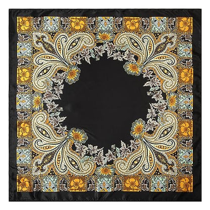 AWAYTR 35” Large Satin Square Head Scarf - 2Pcs Silk Like Floral Head Scarves Square Satin Hair Scarf Bandanas for Women - color: Cashew(pink+black)