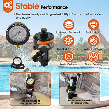98209800 High Flow Manual Relief Valve/Air Relief Manual Valve Assembly with Pressure Gauge, Replacement for Pool and Spa Filter (1 PACK-98209800) - style: 1 PACK-98209800