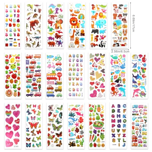 60 Sheets Puffy 3D Stickers for Kids & Toddlers, Variety Adhesive Sticker | Includes Animals Letters Numbers Fruits Dinosaur for Journal Water Bottle Scrapbooking Kids Classroom DIY Craft - style: Basic Style 3