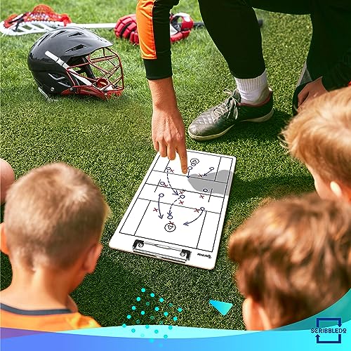 SCRIBBLEDO Lacrosse Dry Erase White Board for Coaches 15x9 Double Sided Coaching Clipboard with Field Diagram Lineup Sheet and Score Tracker for Games and Practice