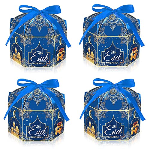 Estivaux 12 Pack Eid Mubarak Boxes, Ramadan Candy Box Eid Gift Bags Eid Mubarak Goodie Boxes Blue Ramadan Treat Storage Case with Ribbon for Eid Party Birthday Carnival Decorations - color: Style 3