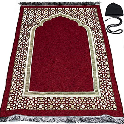 Modefa Turkish Islamic Prayer Mat - Thin Woven Chenille Sajjadah - Intricate Praying Rug Ramadan Eid Gift - Traditional Muslim Janamaz Sajada for Men Women - Geometric Selcuk Star (Red) - color: Red