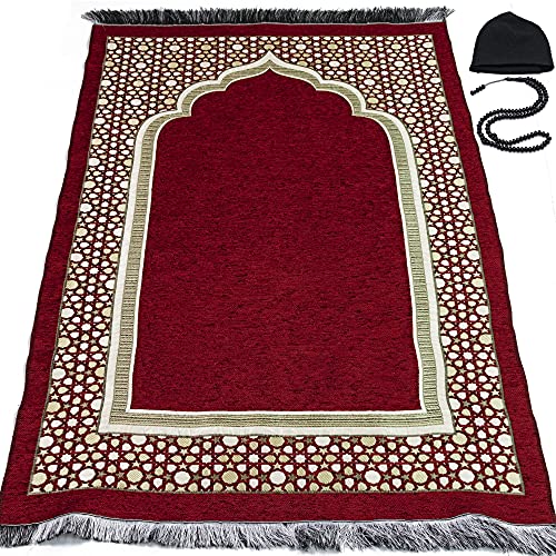 Modefa Turkish Islamic Prayer Mat - Thin Woven Chenille Sajjadah - Intricate Praying Rug Ramadan Eid Gift - Traditional Muslim Janamaz Sajada for Men Women - Geometric Selcuk Star (Red) - color: Red