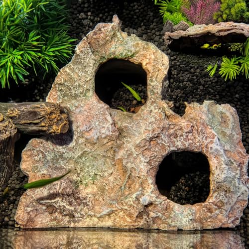 Large Resin Aquarium Cave Hideout, Fish Tank Rock Decor with 2 Top Viewing Holes and Side Viewing Window, Shelter for Betta, Shrimp and Small Fish, 8.3 x 7.5 x 3.5 in