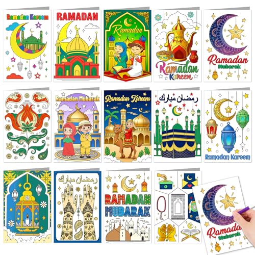 HOWAF 14pcs Ramadan Coloring Cards for Kids, Eid Ramadan Mubarak Coloring Greeting Cards Color Your Own Ramadan Kareem Gift Card, Muslim Kareem Party Favors Color Card