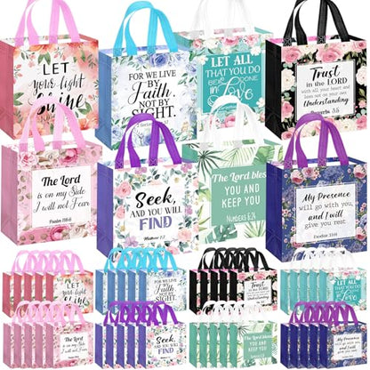 Riakrum 32 Pcs Religious Gift Bags Bulk for Women, Non Woven Christian Gift Bag with Handle, Reusable Flower Religious Baptism Bible Verse Tote for Eid Easter Catholic Theme Party Favors