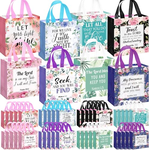 Riakrum 32 Pcs Religious Gift Bags Bulk for Women, Non Woven Christian Gift Bag with Handle, Reusable Flower Religious Baptism Bible Verse Tote for Eid Easter Catholic Theme Party Favors