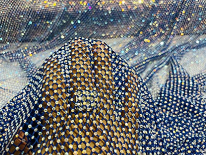 New Creations Fabric & Foam Inc, 45" Wide AB Iridescent Rhinestone On Soft Stretch Fish Net Fabric by The Yard (1 Yard, Iridescent Rhinestones on Royal Blue Mesh) - color: Iridescent Rhinestones on Royal Blue Mesh